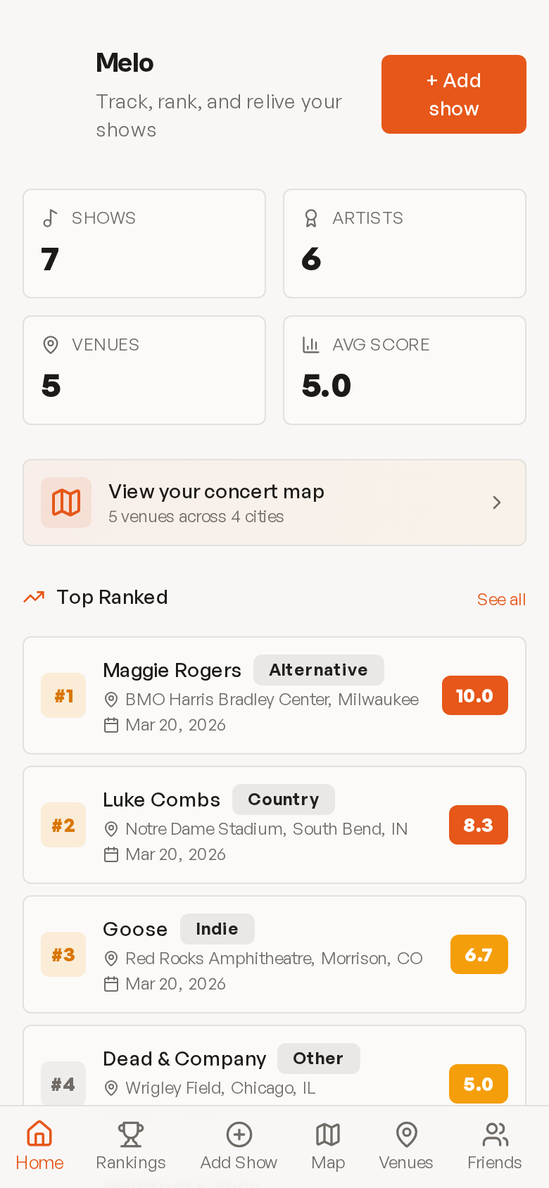 Melo app home screen showing concert rankings